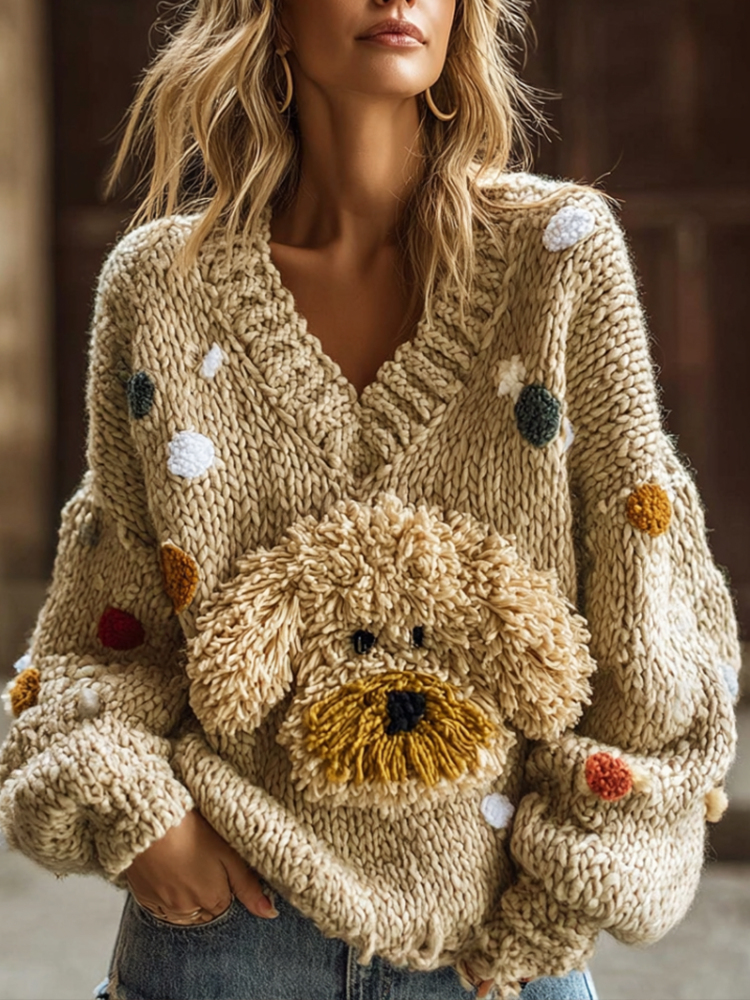 Comstylish Lady Retro Cute Dog Plush Comfortable Knitted Sweater.