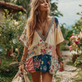 Women's Vintage Floral Art Patch Loose Fit T-shirt elevenforest