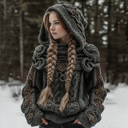 Women's Vintage Celtic Knot Art Knit Cozy Hooded Sweater artswardrobe