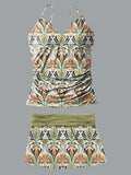 V-Neck Retro Ethnic Symmetry Art Flower Pattern Print Suspender Skirt Tankini Pantskirt Set Swimsuit