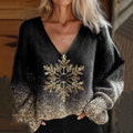 Women's Christmas Snowflake Art Pattern Casual V-Neck Knitted Sweater elevenforest