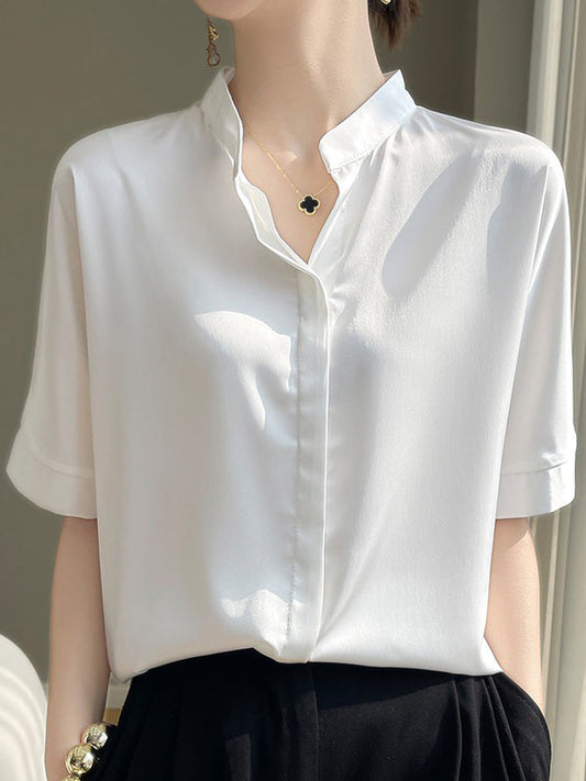 Loose Short Sleeves Buttoned Color Stand Collar Blouses&shirts Tops