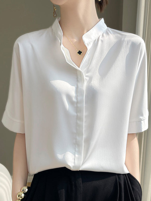 Loose Short Sleeves Buttoned Color Stand Collar Blouses&shirts Tops