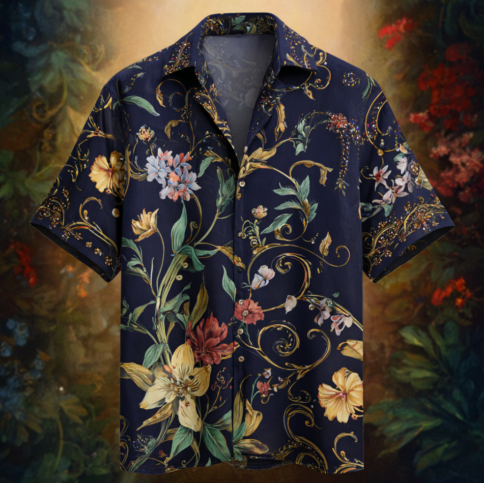 Bohemian Style Plant And Flower Pattern Men's Retro Cotton And Linen Shirt elevenforest