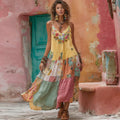 Women's Flower Embroidery Macaroon Patchwork Art V-neck Linen Blend Suspender Midi Dress elevenforest