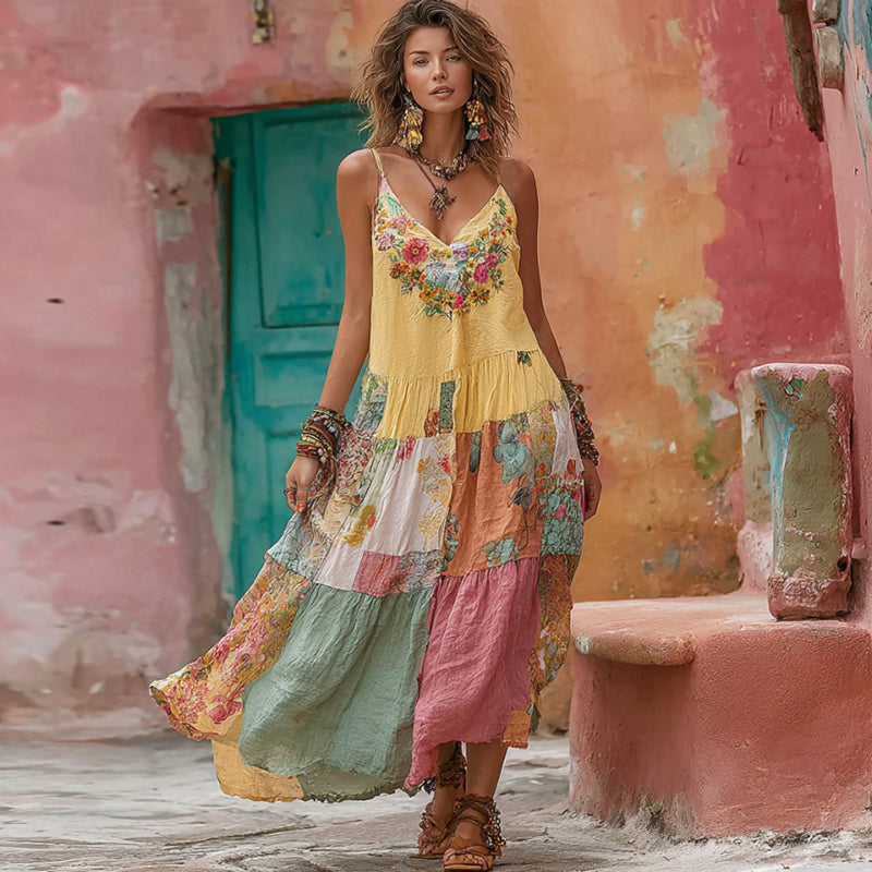 Women's Flower Embroidery Macaroon Patchwork Art V-neck Linen Blend Suspender Midi Dress elevenforest