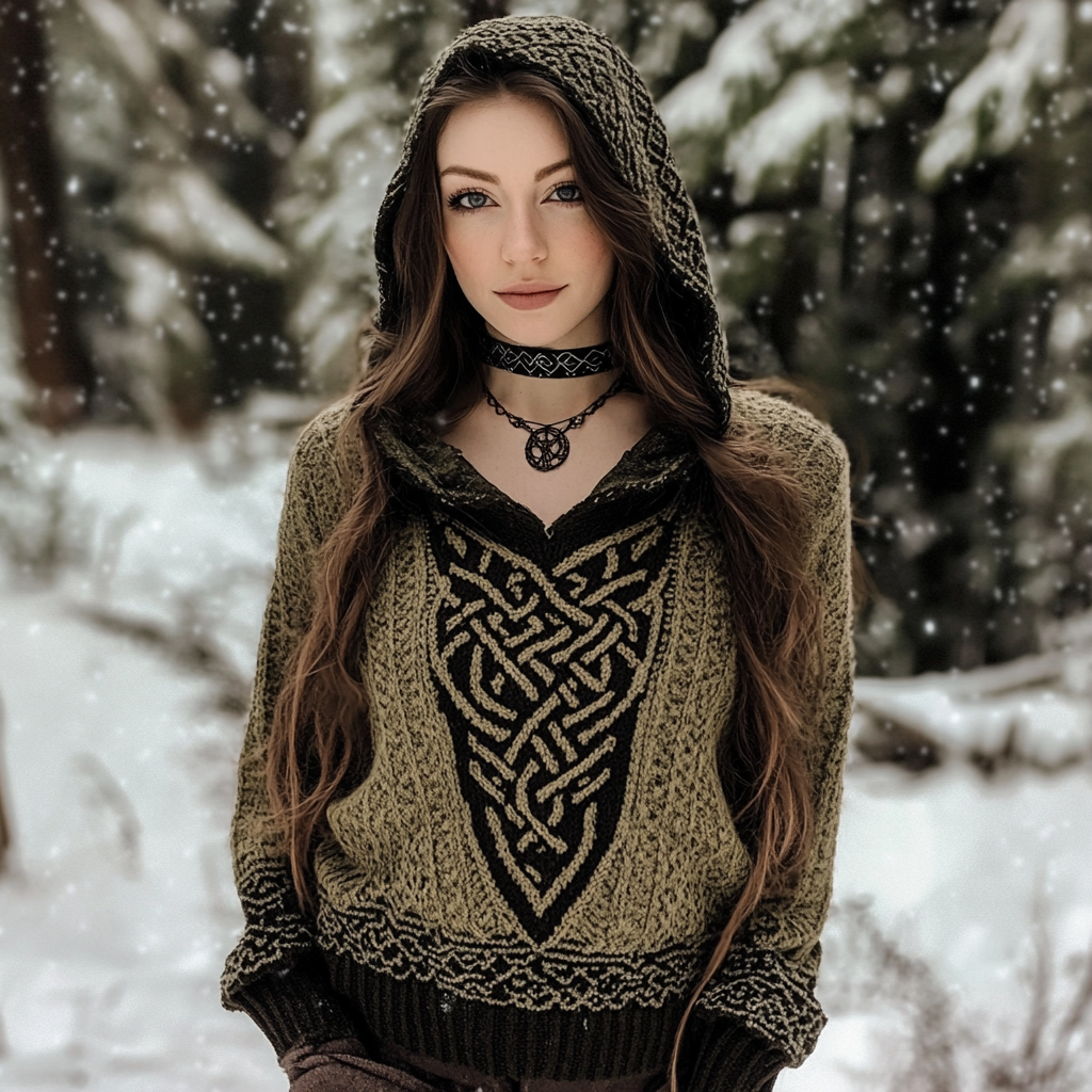 Women's Viking Style Celtic Knot Knitted Jacquard Hooded Sweater elevenforest