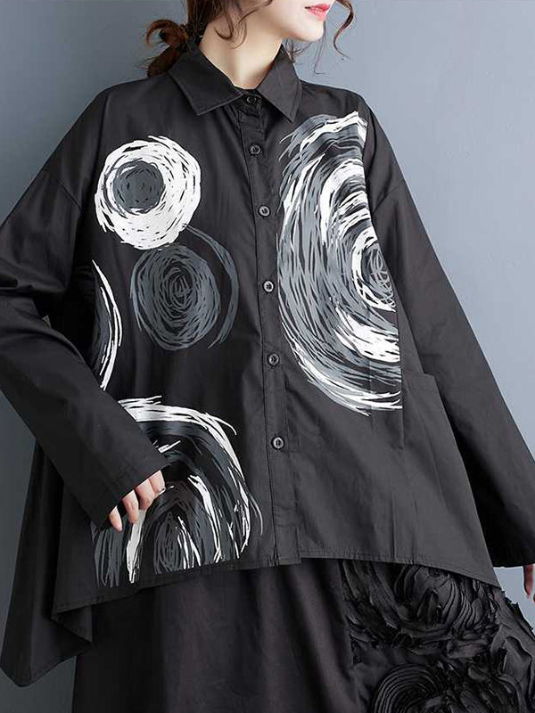 Long Sleeves Loose Asymmetric Printed Split-joint Lapel Blouses