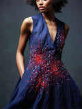 Japanese Art Firework Embroidery Women's Linen V-neck Vest Dress elevenforest