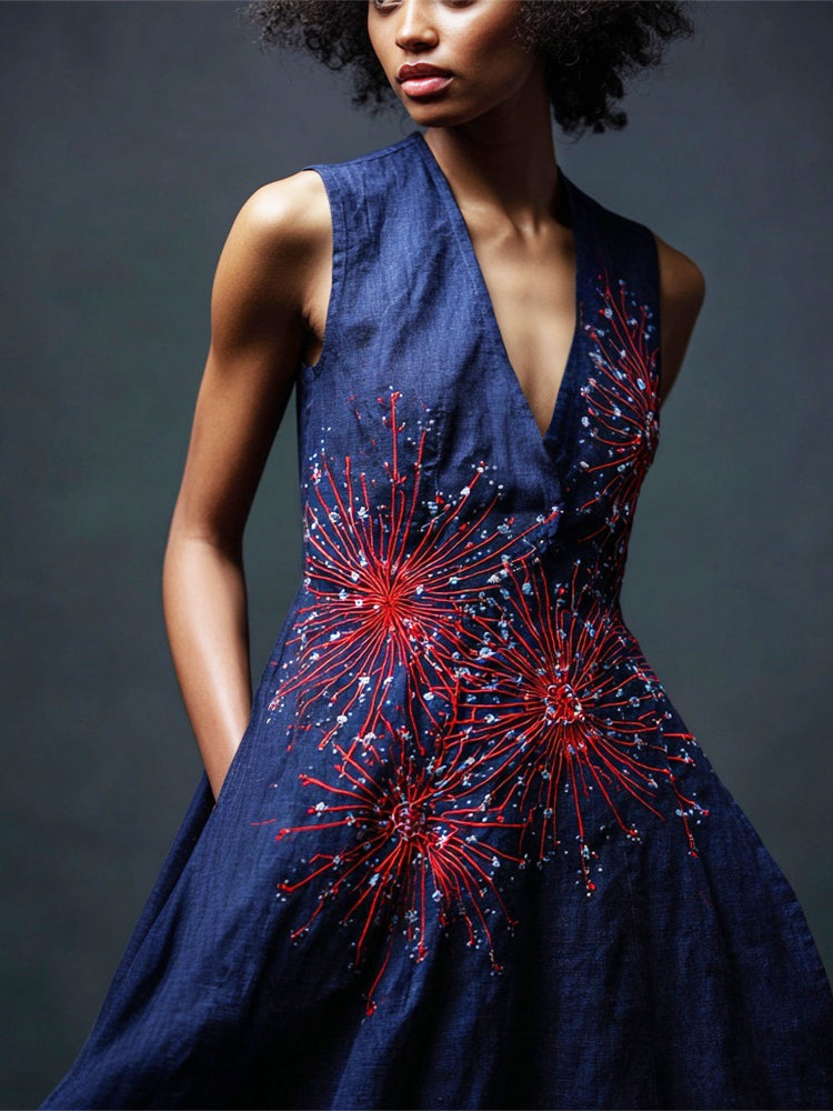 Japanese Art Firework Embroidery Women's Linen V-neck Vest Dress elevenforest