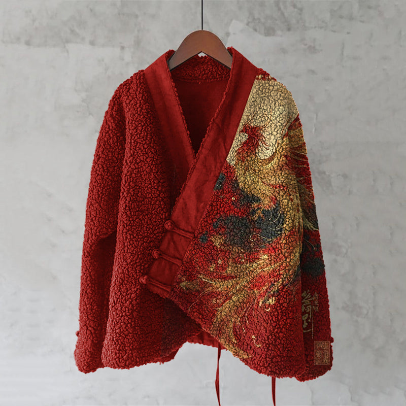 Gold Phoenix Embroidered Plush Kimono Cardigan elevenforest