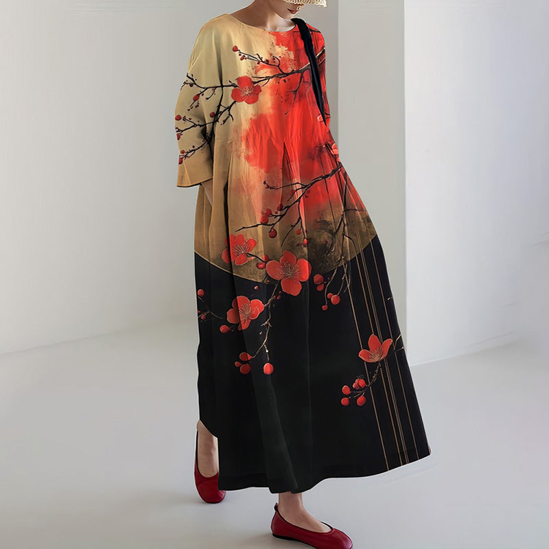 Comstylish Women's Japanese Cherry Blossom Print Midi Dress