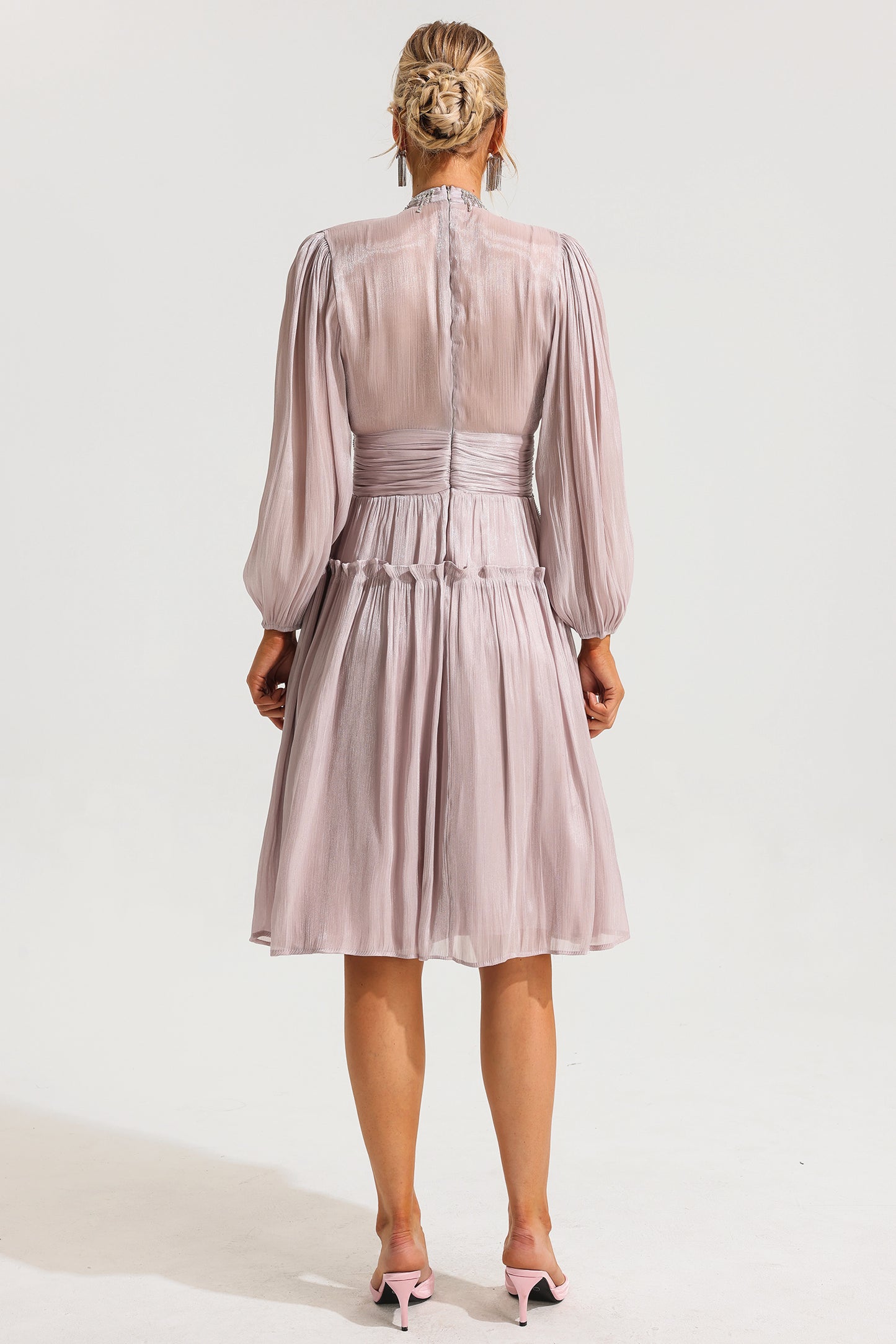 Rhinestone Ruched Long Sleeve Ruffle Midi Dress