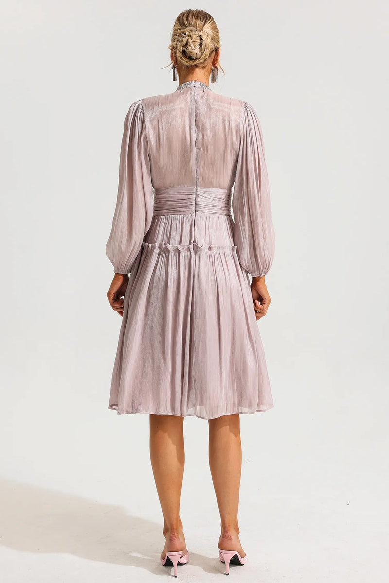 Rhinestone Ruched Long Sleeve Ruffle Midi Dress