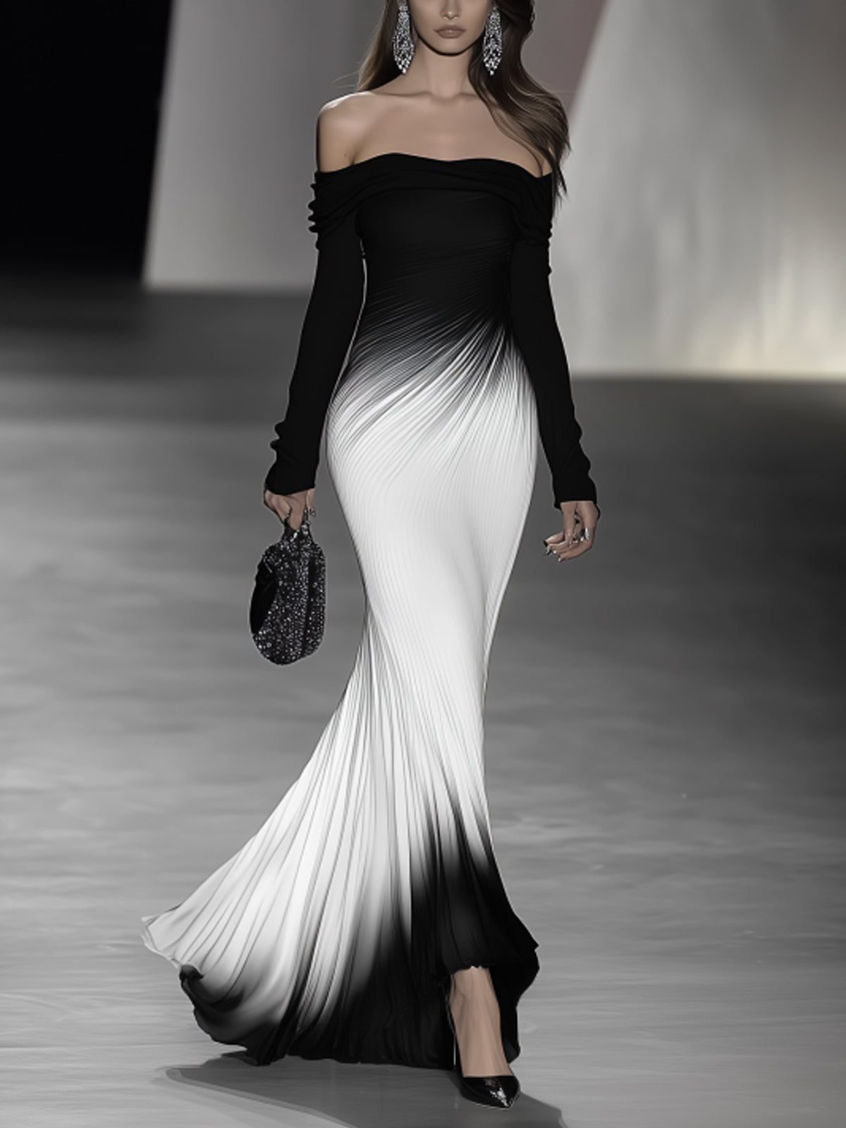 Shipping Off-Shoulder Black And White Gradient Maxi Dress