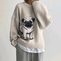 Comstylish Lovely Cute Pug Embroidery Art Loose Cozy Sweater