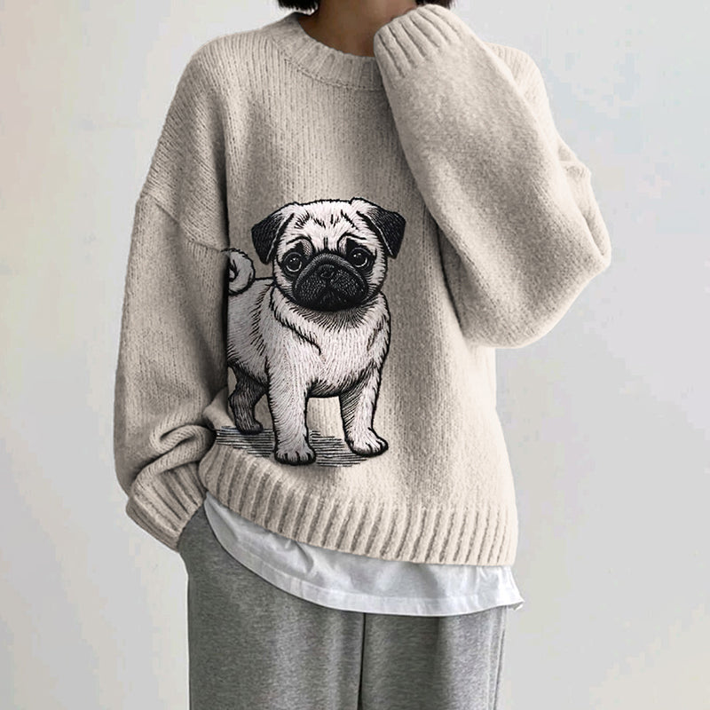 Comstylish Lovely Cute Pug Embroidery Art Loose Cozy Sweater