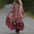 Women's Vintage Romantic Pink Rose Embroidery Art Comfy Linen V Neck Maxi Dress elevenforest