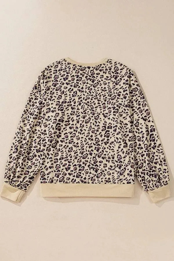 Leopard Print Crew Neck Patchwork Long Sleeve Loose Sweatshirt