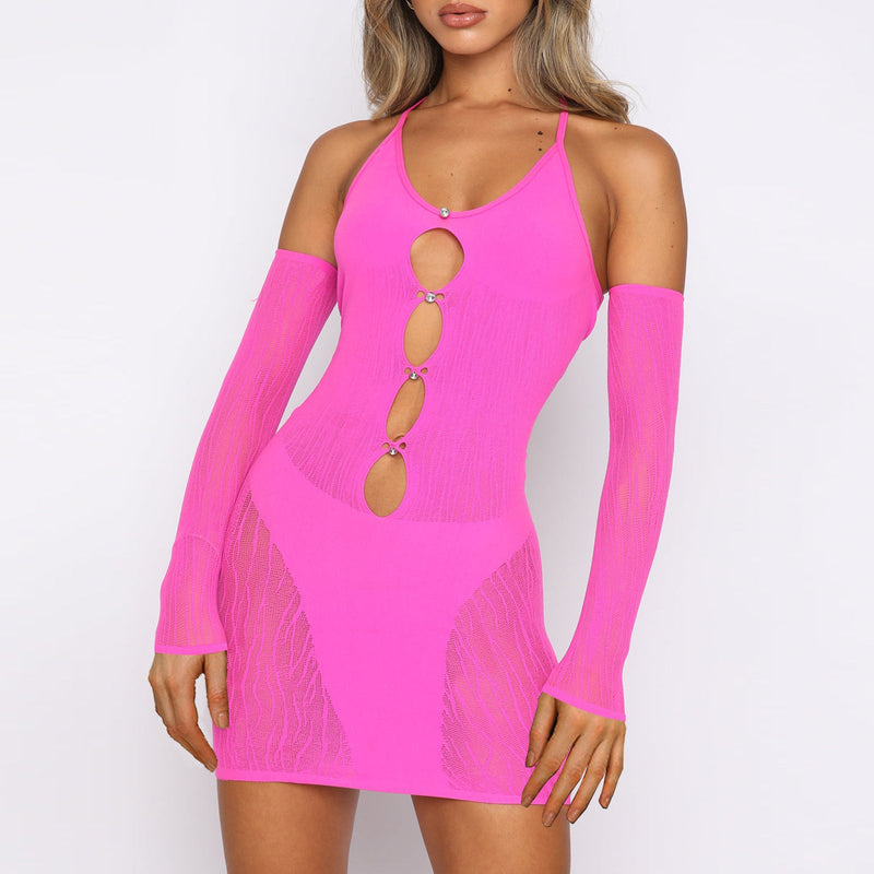 Clothing Sheer Mesh Dress Criss Cross Blouse Backless Diamond Splicing