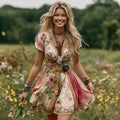 Women's Vintage Boho Rose Floral Art Patchwork Comfy Midi Dress elevenforest