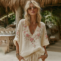 Vintage Pink Roses Art V Neck Linen Tunic elevenforest