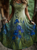 Oil Painting Inspired Irises Embroidered Flowy Linen Dress elevenforest