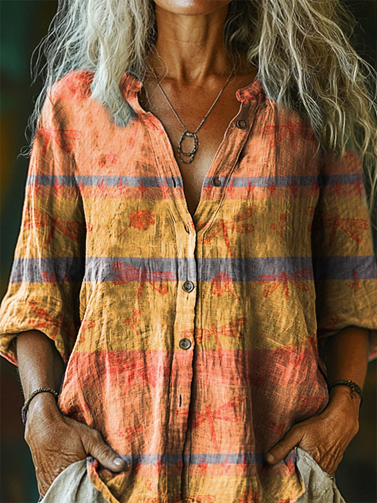 Women's Vintage Dragonfly Art Print Casual Cotton Linen Shirt