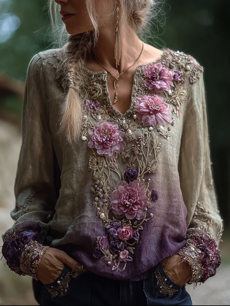 Bohemian Style Round Neck Long Sleeve 3d Purple Flower Design Cotton And Linen Top For Women elevenforest