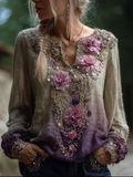 Bohemian Style Round Neck Long Sleeve 3d Purple Flower Design Cotton And Linen Top For Women elevenforest