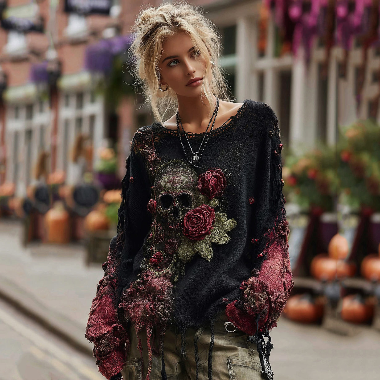 Rose Skull Embroidered Sequined Chunky-knit Sweater elevenforest