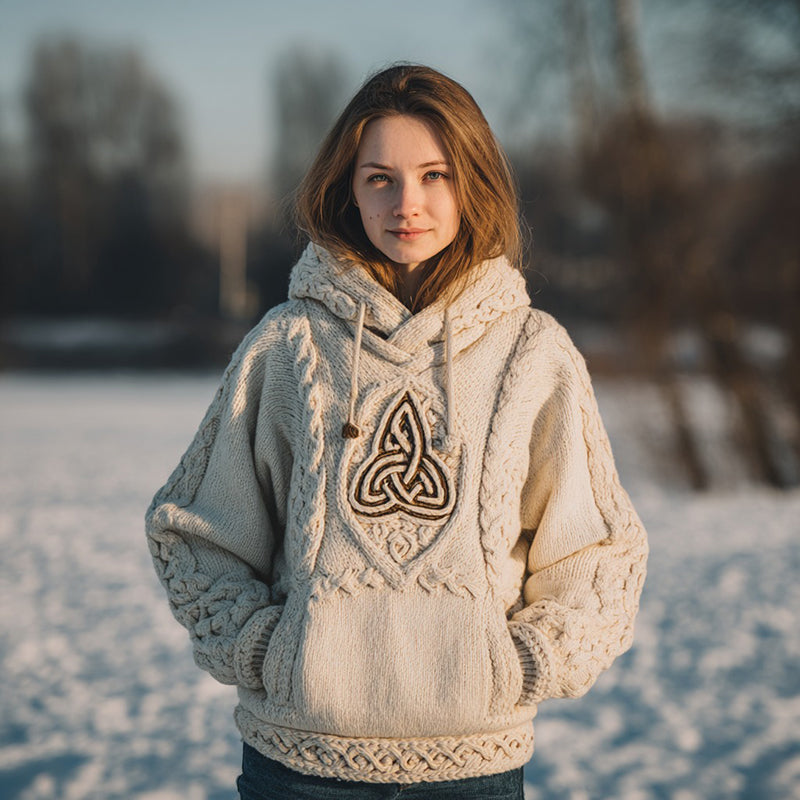 Women's Vintage Viking Celtic Trident Rune Knit Hooded Sweater elevenforest