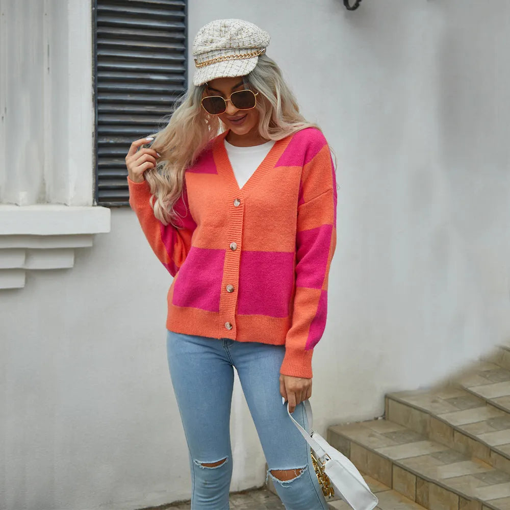 Autumn Winter ’s Plaid Stitching Knitwear Cardigan Sweater Coat