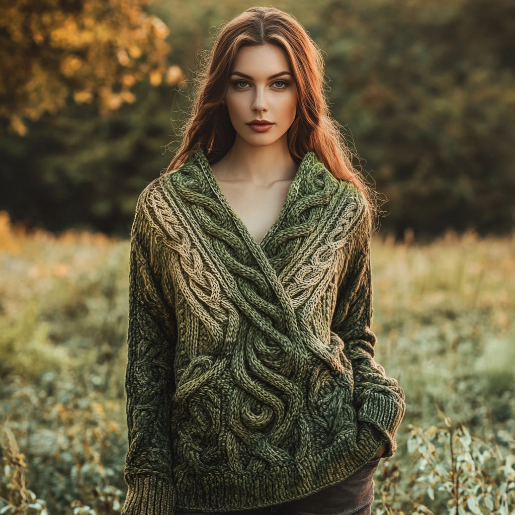 Women's Vintage Celtic Intricate Knot Jacquard V Neck Sweater elevenforest