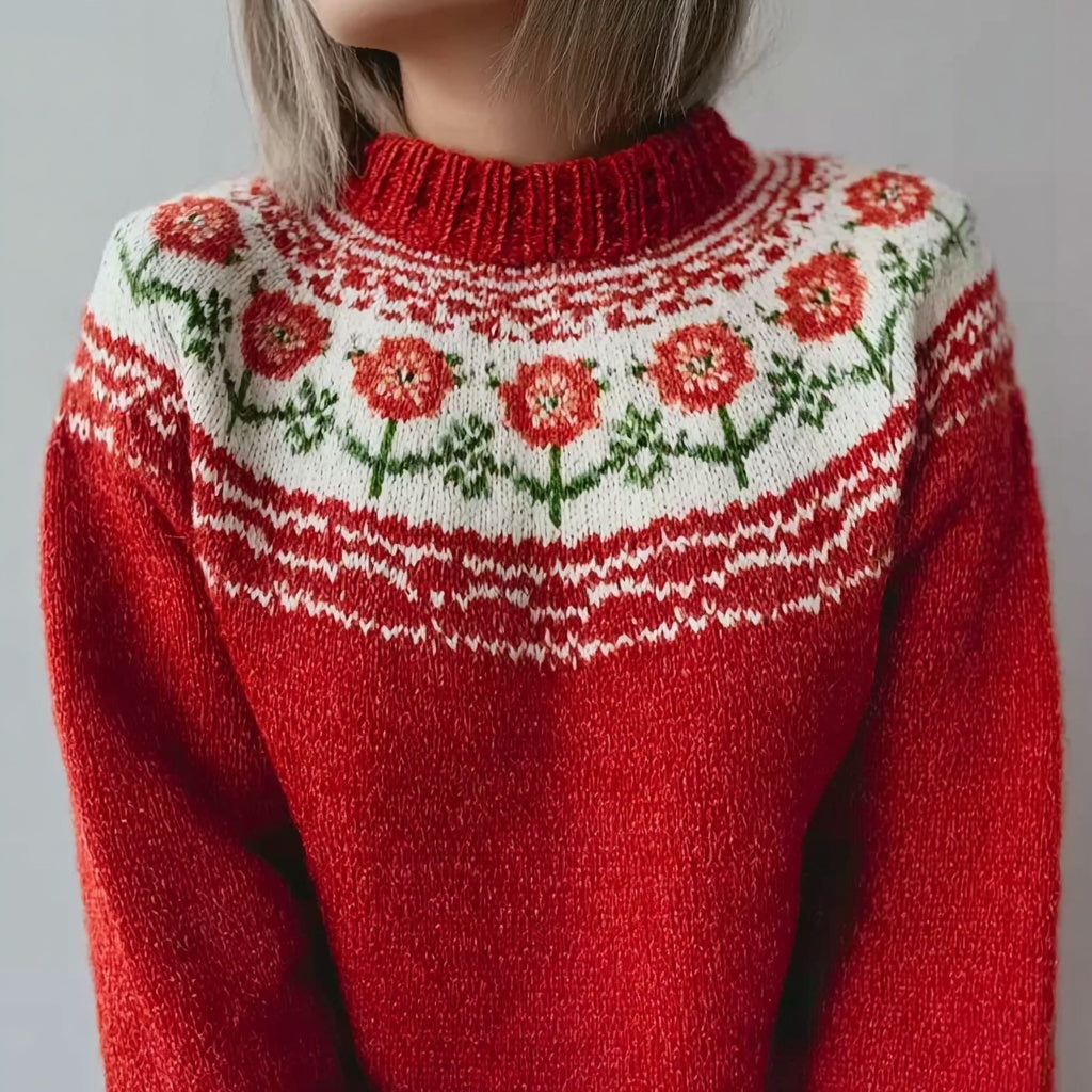 Comstylish Vintage Floral Fair Isle Pattern Cozy Knit Sweater