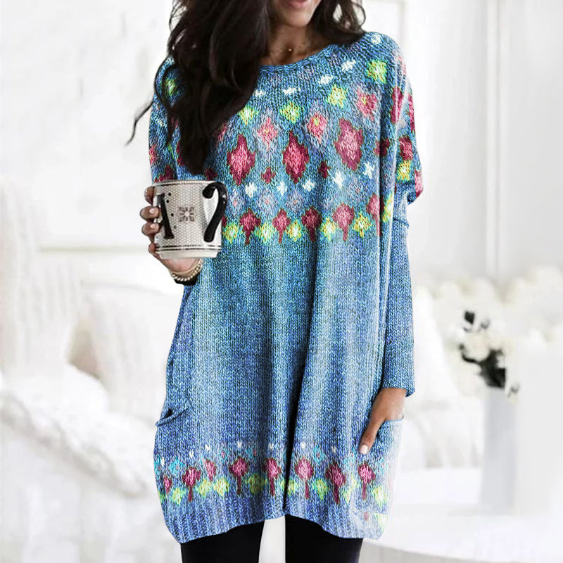 Fairman Island Geometric Contrast Pocket Mid Length Sweater elevenforest