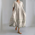 Vintage Tree Embroidery Plaid Lace Linen Blend V-neck Dress elevenforest