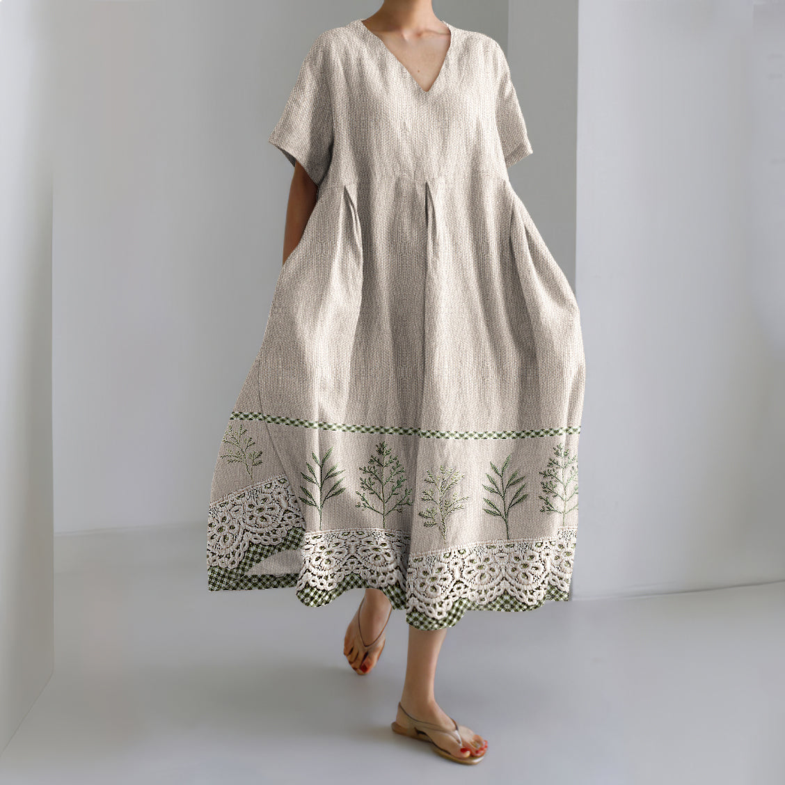 Vintage Tree Embroidery Plaid Lace Linen Blend V-neck Dress elevenforest