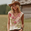 Love & Health Collection Retro Western Women Style Vintage Rose And Floral Patchwork Art  Linen V Neck Tank Top elevenforest