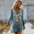 Vintage Marble Texture And  Cherry Blossoms Pattern Linen Dress elevenforest