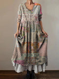 Women's Vintage Floral Patchwork Art Print V-Neck Button Pocket Cotton