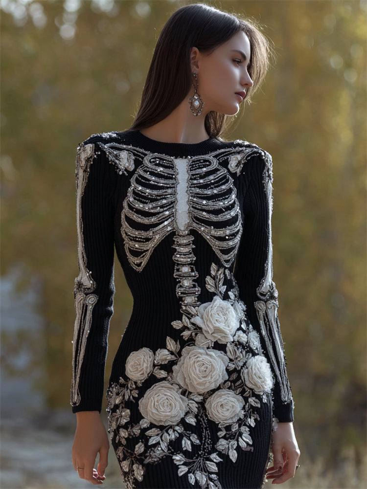 Comstylish Classy Skeleton White Roses Glitter Beaded Embroidered Sweater Dress