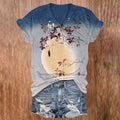 Comstylish Plum Blossoms And Full Moon Gradient Japanese Art Print Short Sleeved V-neck T-shirt