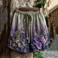 Vintage Classy Gradient Purple Lavender And Floral Embroidered Linen Shorts elevenforest
