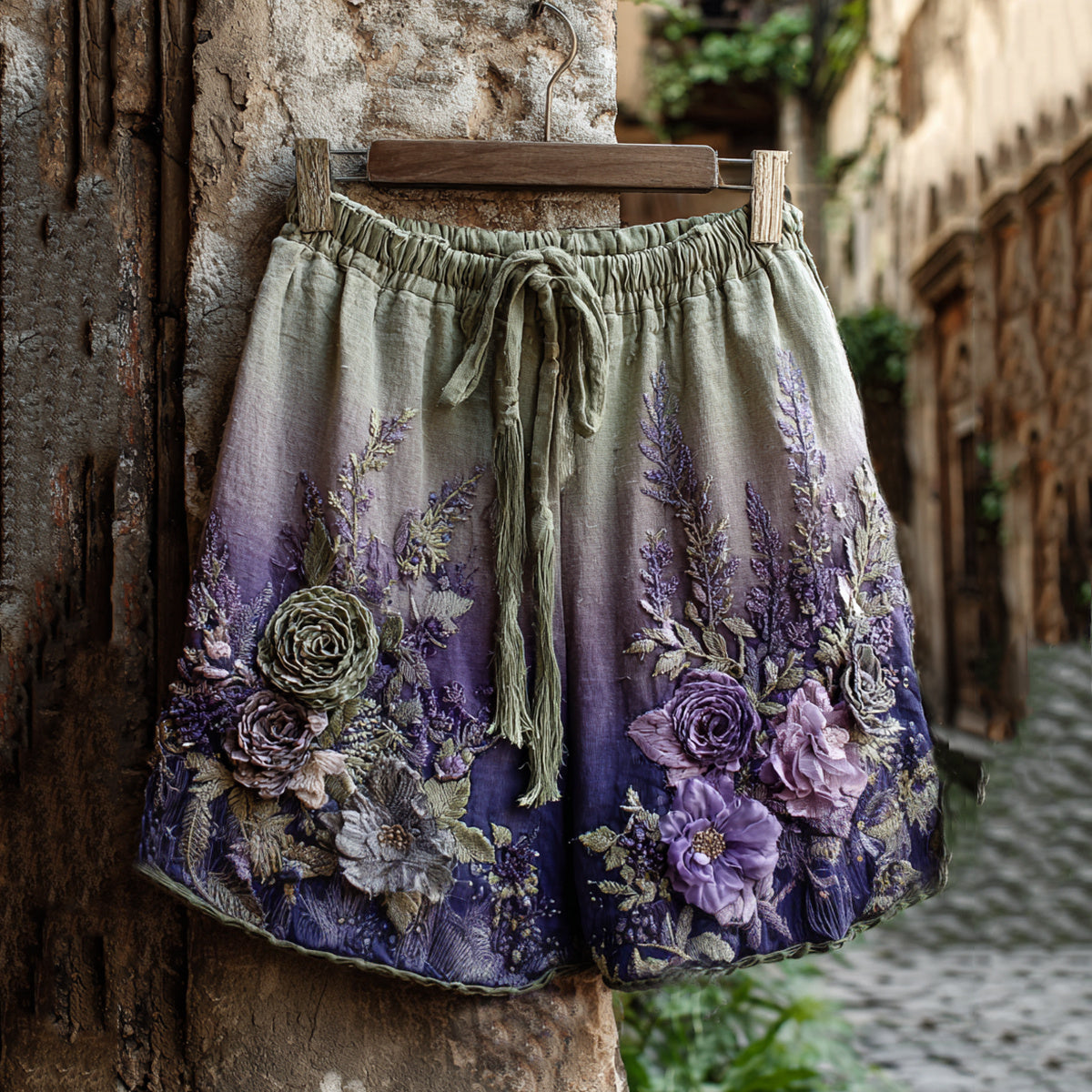 Vintage Classy Gradient Purple Lavender And Floral Embroidered Linen Shorts elevenforest