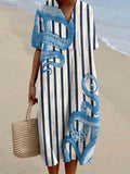 Women's Vintage Octopus Art Print V-Neck Midi Dress