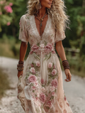 Women's Vintage Rose Embroidery Art Comfy Linen Maxi Dress elevenforest