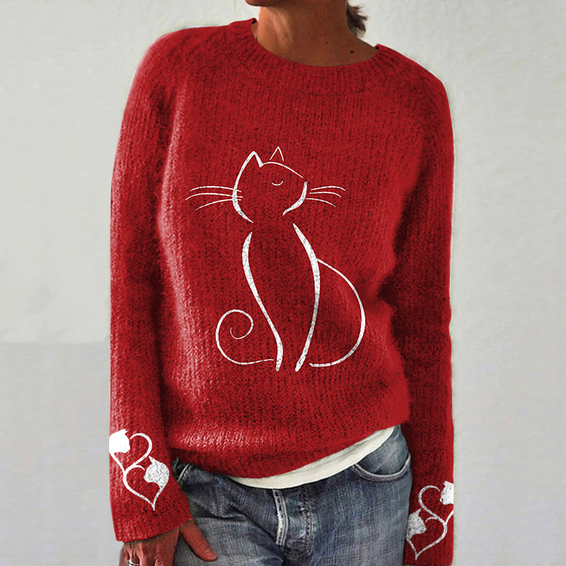 Women's Cute Cat Art Print Cozy Sweater elevenforest