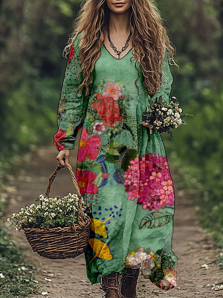 Vintage Flowers Embroidered Linen Blend Maxi Dress elevenforest