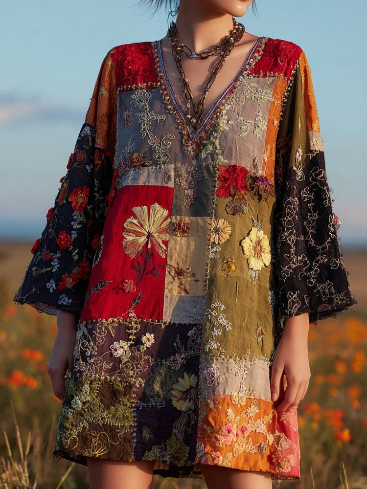 Vintage Boho Floral Embroidered Patchwork Linen Dress elevenforest